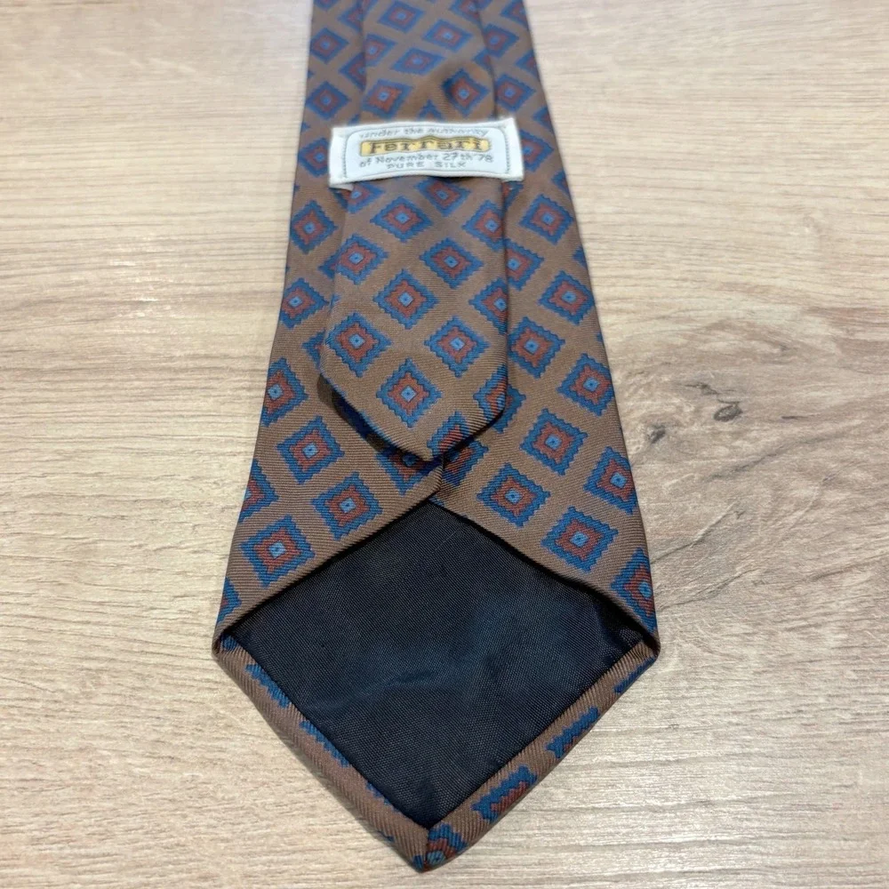 Ferrari Vintage Pure Silk Tie Brown Geometric Diamond Pattern Mens Necktie 1978